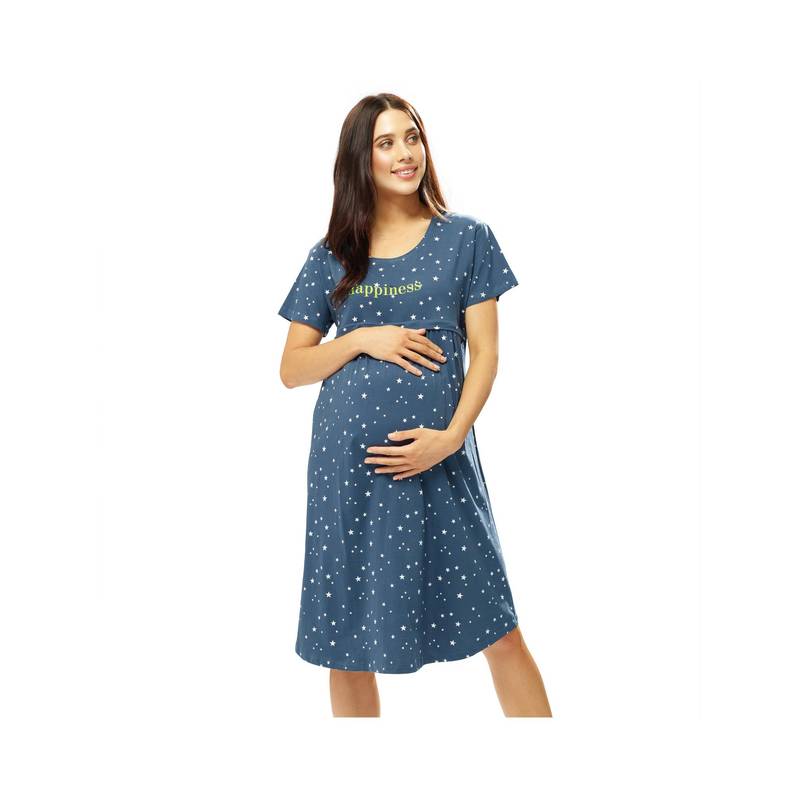 LOTIK Cotton Petrol Blue Star Printed Maternity and Feeding Calf Length Short Nighty (M)