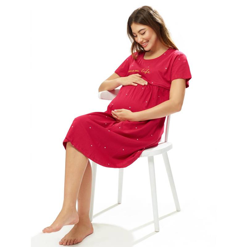 LOTIK Cotton Red Heart Printed Maternity and Feeding Calf Length Short Nighty (M)
