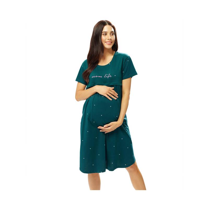 LOTIK Cotton Teal Heart Printed Maternity and Feeding Calf Length Short Nighty (M)