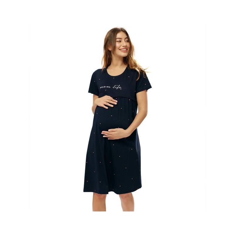 LOTIK Cotton Blue Heart Printed Maternity and Feeding Calf Length Short Nighty (M)