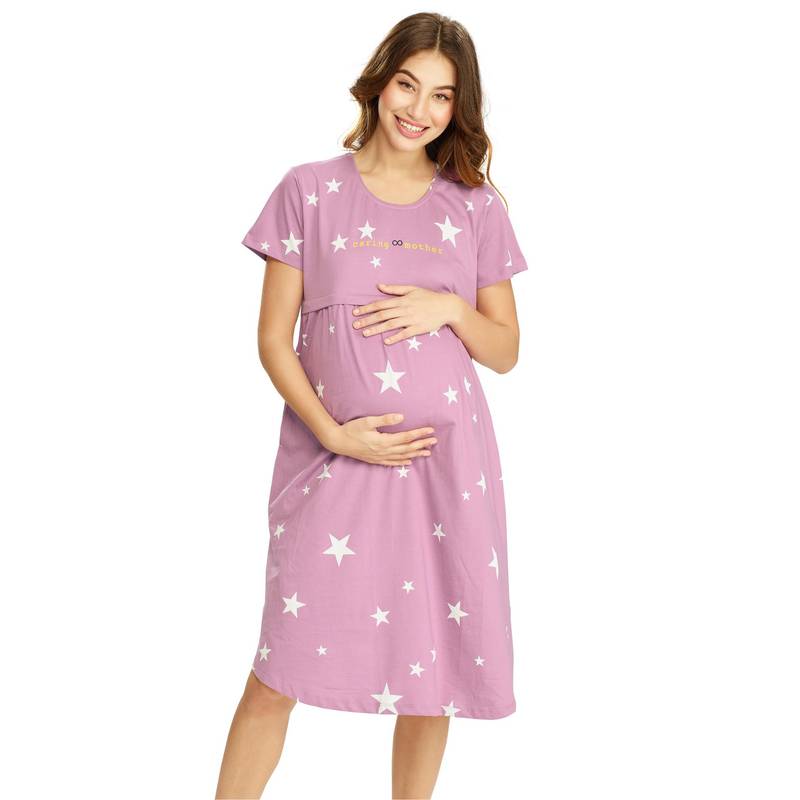 LOTIK Cotton Onion Star Printed Maternity and Feeding Calf Length Short Nighty (M)