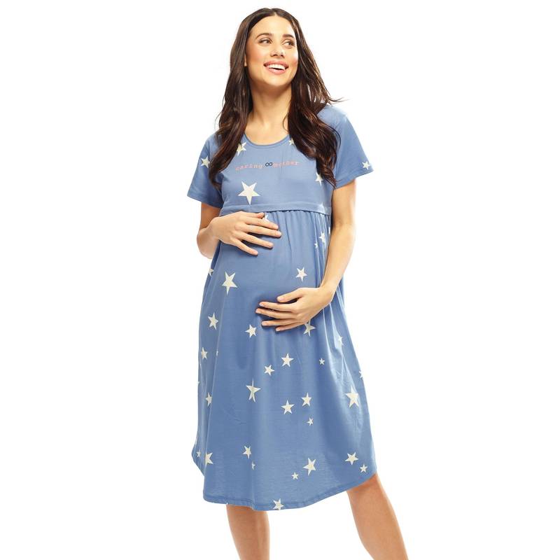 LOTIK Cotton Sky Blue Star Printed Maternity and Feeding Calf Length Short Nighty (M)