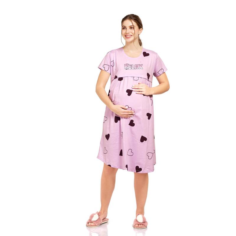 LOTIK Cotton Pink Heart Printed Maternity and Feeding Calf Length Short Nighty (L)