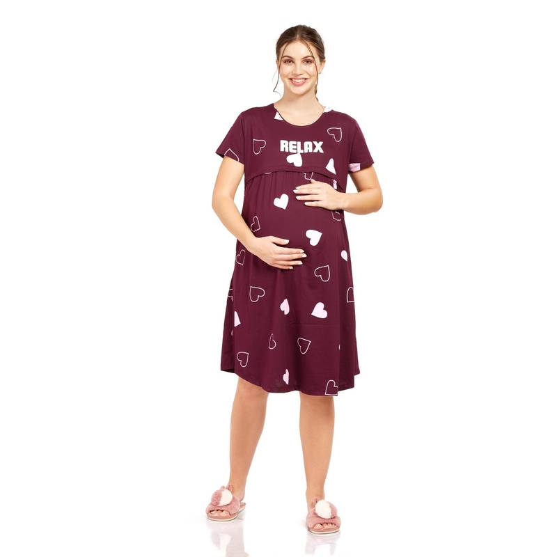 LOTIK Cotton Voilet Heart Printed Maternity and Feeding Calf Length Short Nighty (2XL)
