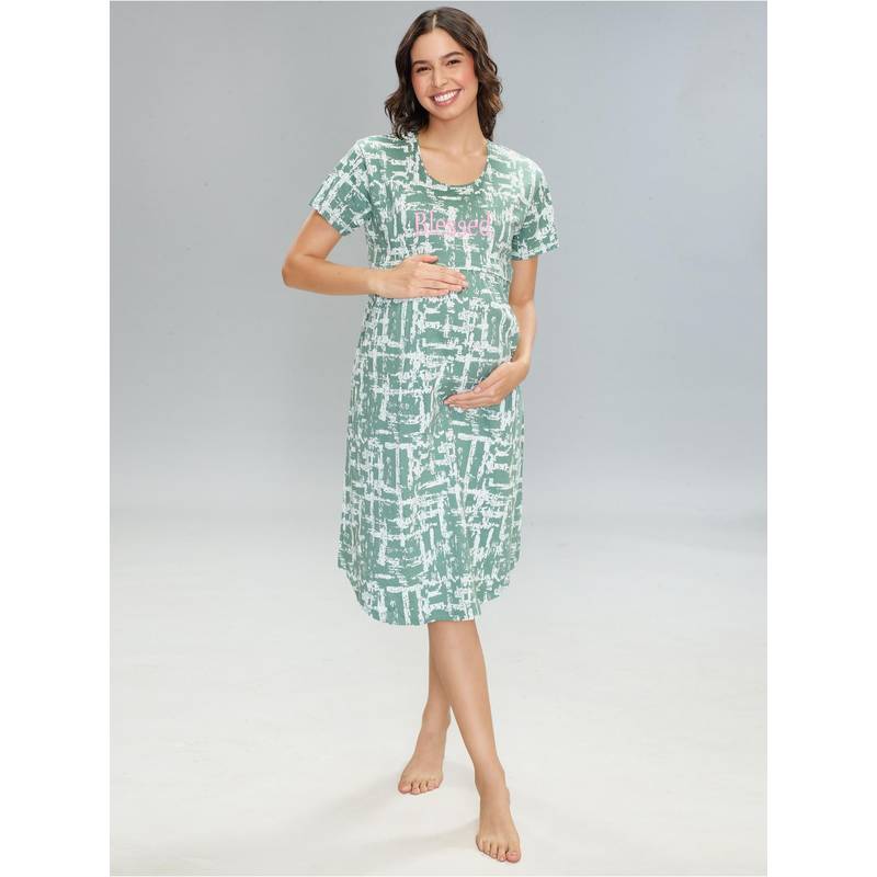 LOTIK Cotton Green Geometric Printed Maternity and Feeding Calf Length Short Nighty (M)