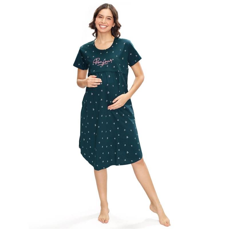 LOTIK Cotton Teal Heart Printed Maternity and Feeding Calf Length Short Nighty (M)