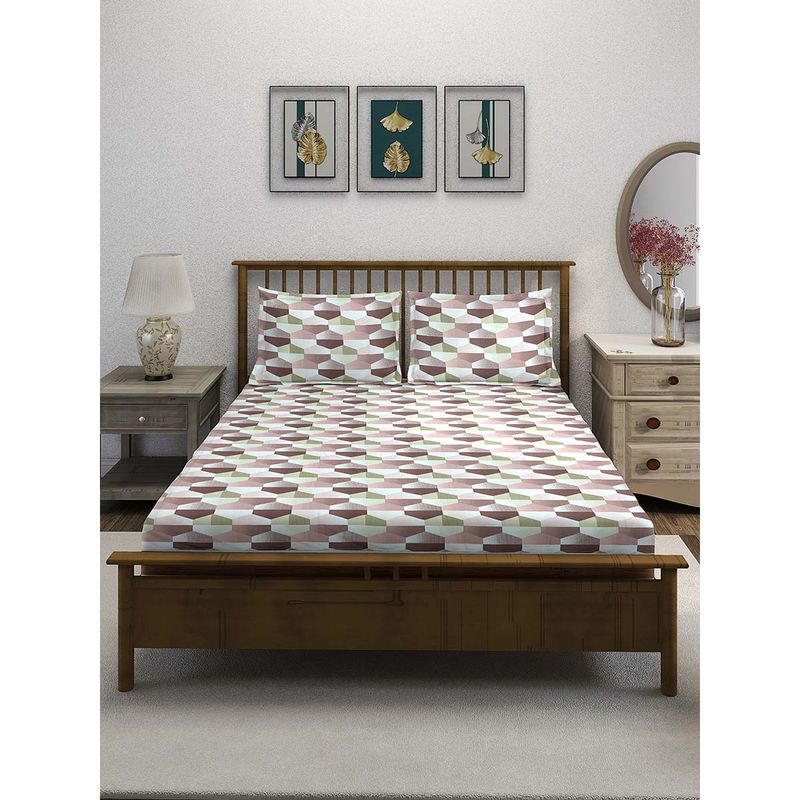 Swayam Pink Geometric 210 TC Pure Cotton Bedsheet with Pillow Covers (Queen)