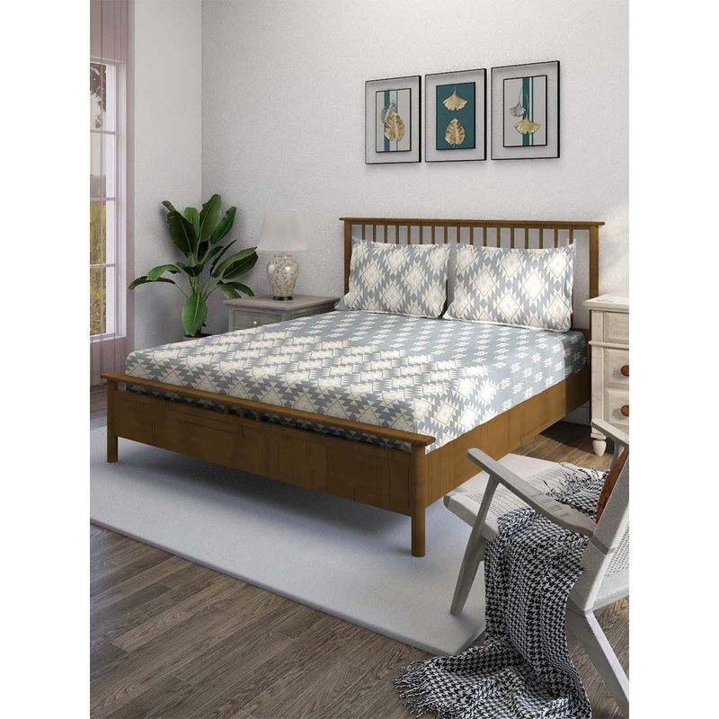 Swayam Beige Geometric 210 TC Pure Cotton Bedsheet with Pillow Covers (Queen)
