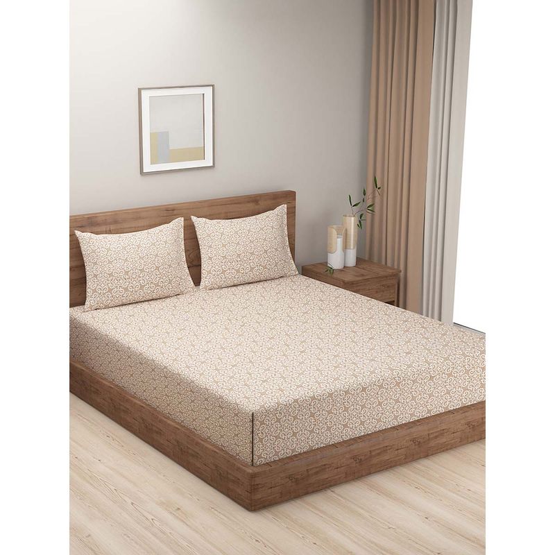 Swayam Beige Motifs 210 TC Pure Cotton Bedsheet with Pillow Covers (King)