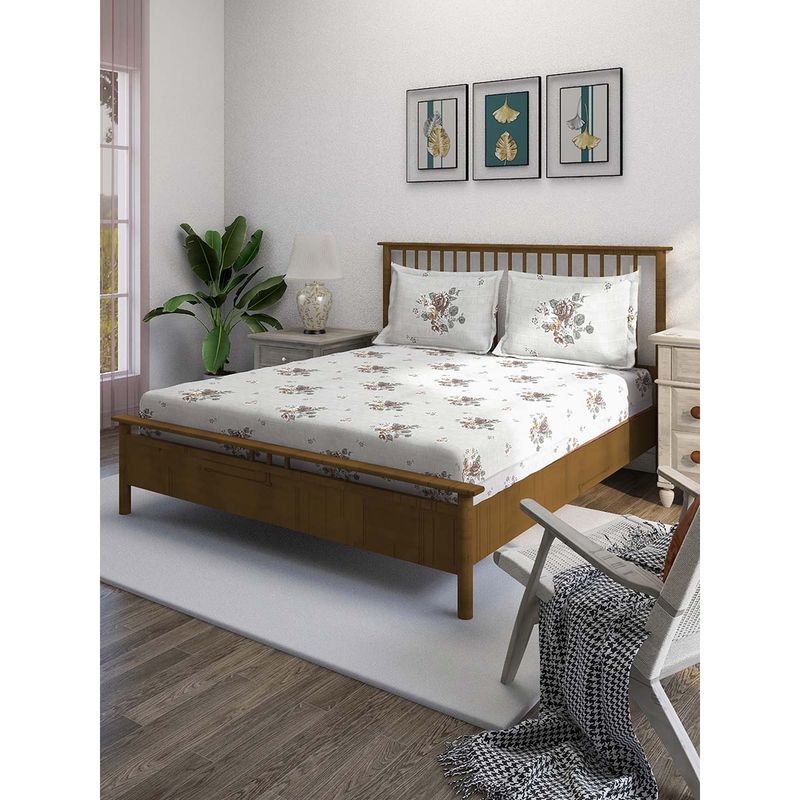 Swayam Off White Floral 210 TC Pure Cotton Bedsheet with Pillow Covers (King)