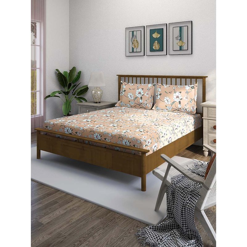 Swayam Beige Floral 210 TC Pure Cotton Bedsheet with Pillow Covers (King)