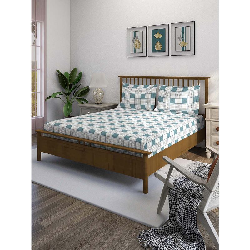 Swayam Teal Geometric 210 TC Pure Cotton Bedsheet with Pillow Covers (King)