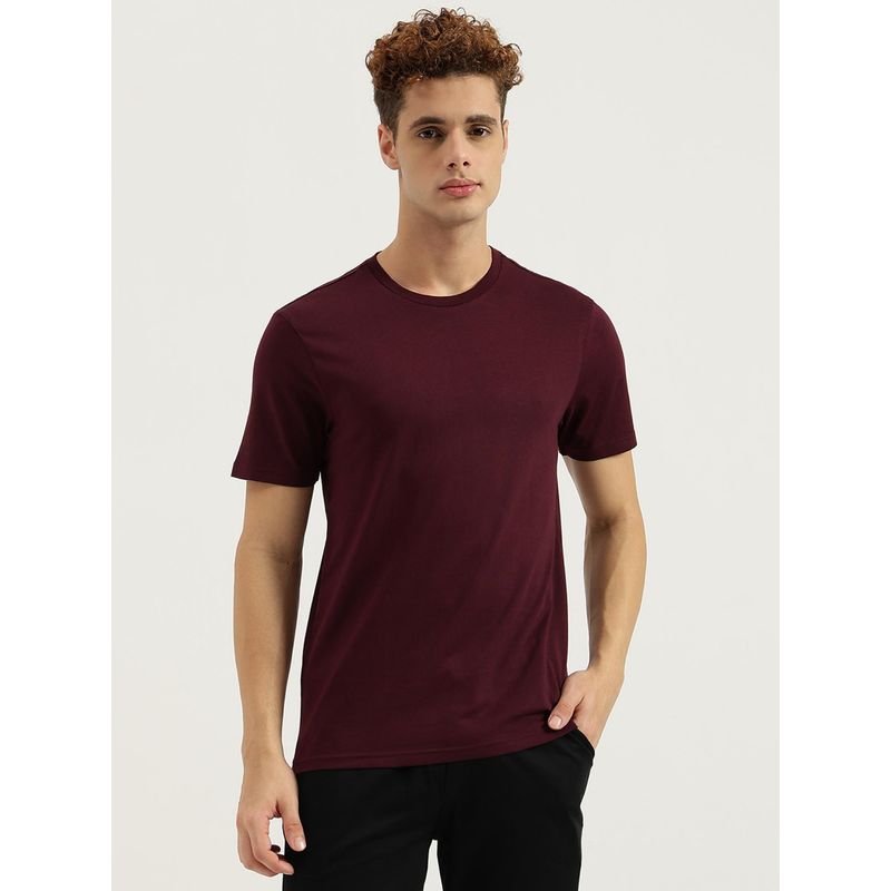 United Colors of Benetton Maroon Relaxed Fit Round Neck Solid T-Shirt (XS)