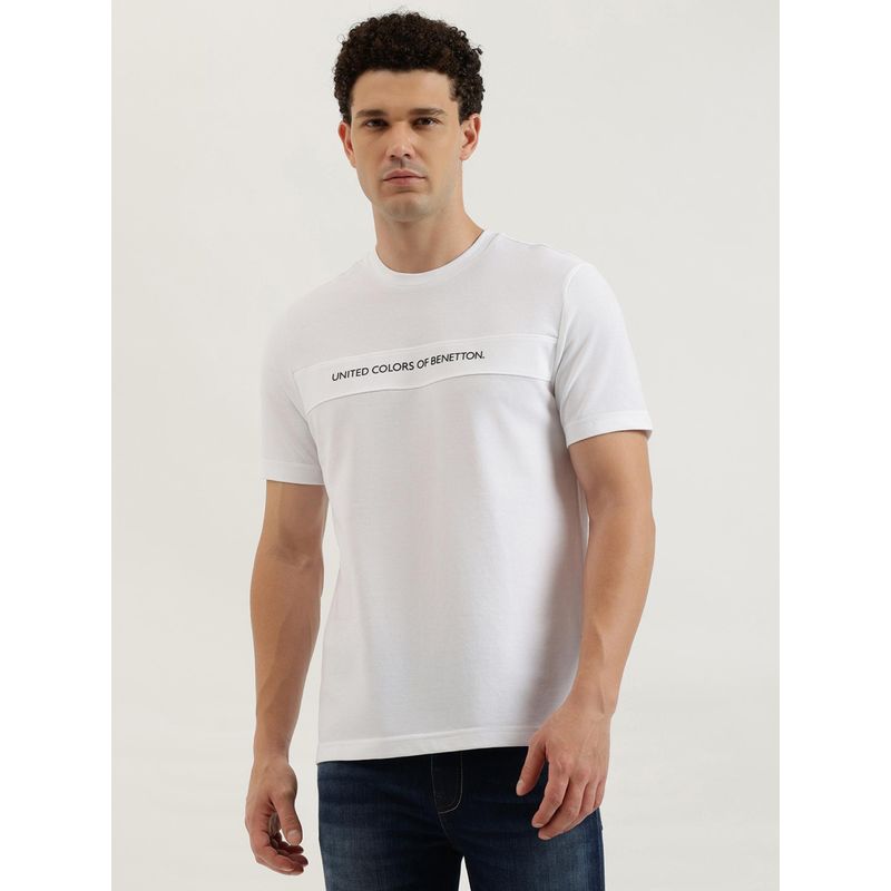 United Colors of Benetton White Relaxed Fit Round Neck Applique T-Shirt (L)