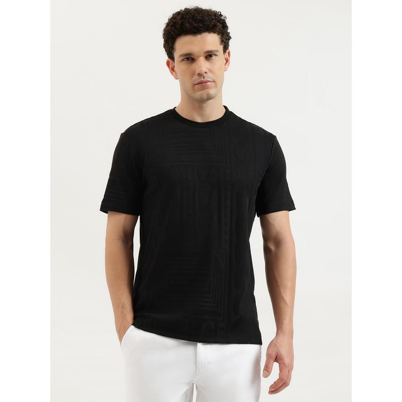 United Colors of Benetton Black Relaxed Fit Round Neck Printed Exploded Cable Jacquard T-Shirt (2XL)