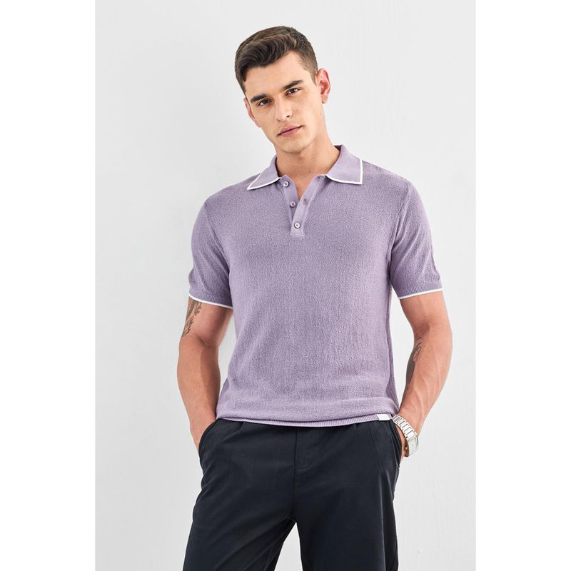 Snitch Lavender Textured Half Sleeves Regular Casual Polo T-Shirt for Men (XS)