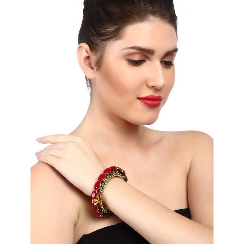 Adwitiya Women 24 Ct Copper Gold Plated Pink Stone with Pearls Ethnic Kada (2.8)