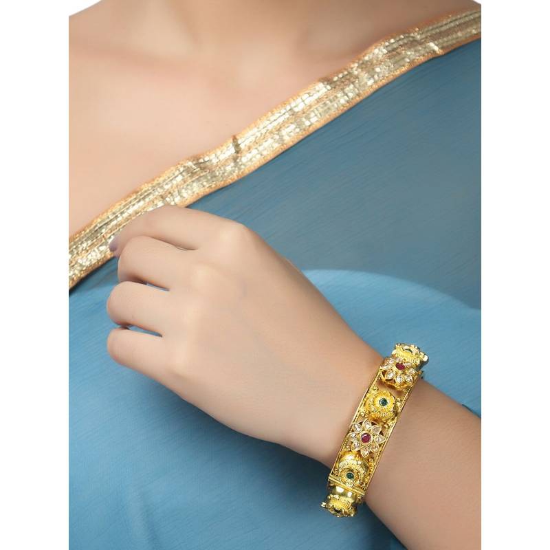 Adwitiya Women 24 Ct Gold Plated Beautiful Flower Handcrafted Stone Studded Kada (2.4)