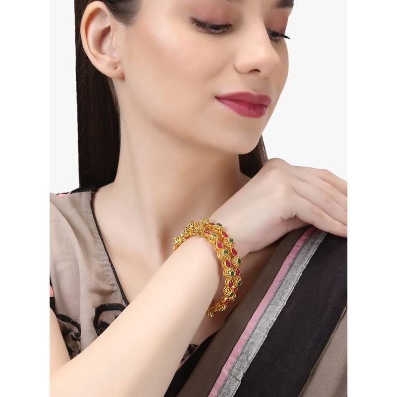 Adwitiya Gold Plated Red and Green Stone Studded Handcrafted Kada (2.4)