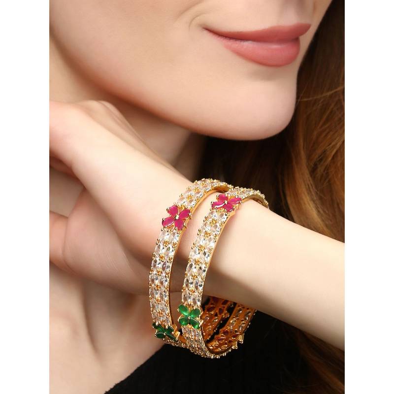 Adwitiya Gold Plated Green, Pink & White Cz Stone Handcrafted Kada (2.4)