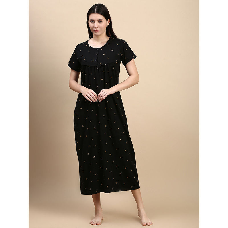 Kryptic Black Printed Pure Cotton Nightdress (2XL)