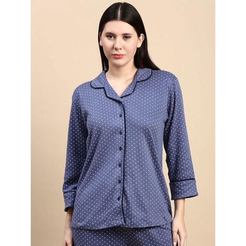 Kryptic Blue Polka Dots Printed Cottom Loungewear Shirt (M)