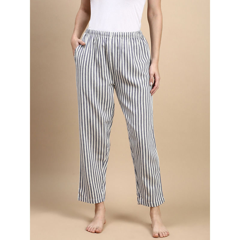 Kryptic White Striped Cotton Relaxed Fit Pyjama (L)