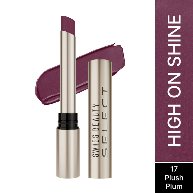 Swiss Beauty Select High On Shine Creamy Lipstick, Mirror-Shine Finish, Vitamin E-17 Plush Plum