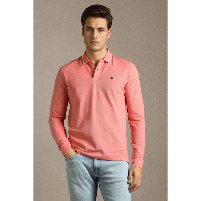 Louis Philippe Peach Cotton Full Sleeves Polo T-Shirt (M)