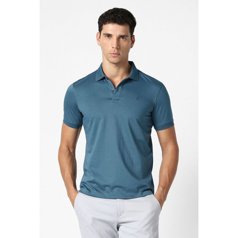 Van Heusen Blue Cotton Blend Half Sleeves Polo T-Shirt (L)