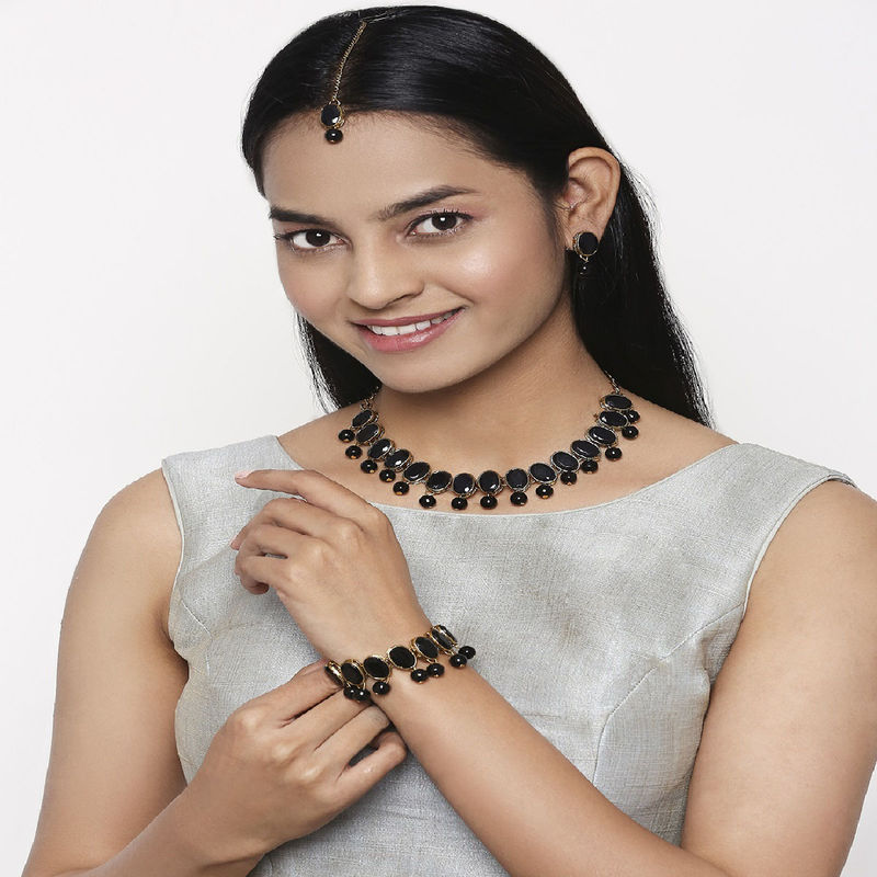 Mahi Ethnic Gold Plated Oval Shape Black Kundan Necklace Set with Maang Tika and Bracelet Buy