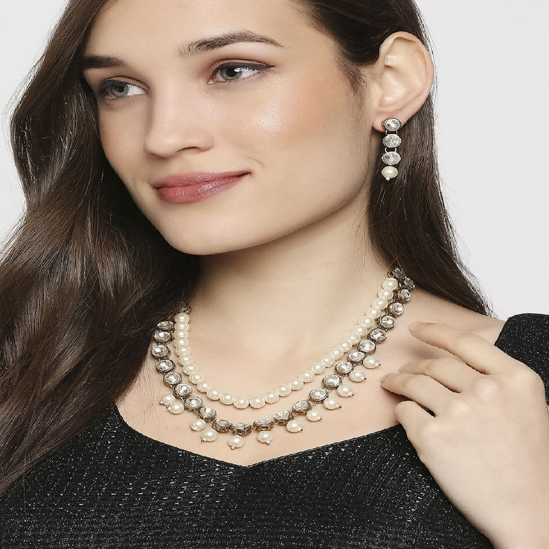 Mahi Traditional Layered White Necklace Set Kundan and Artificial Pearl