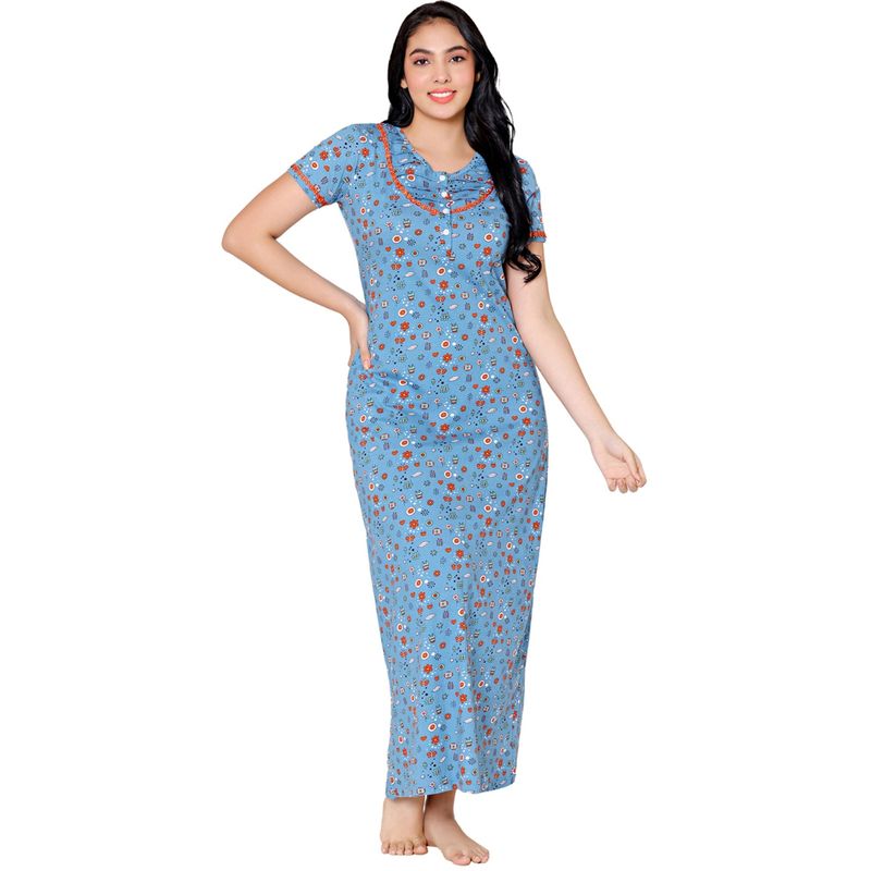 Bodycare Womens Combed Cotton Round Neck Printed Long Night Dress -BSN10005 Blue (M)