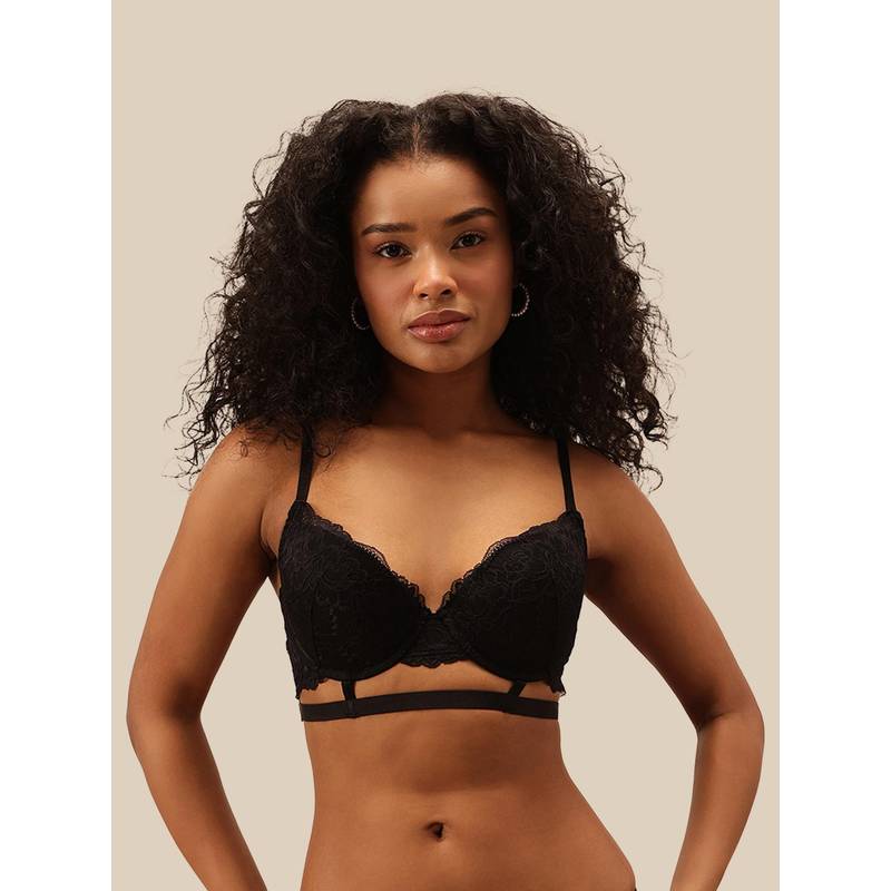 Chelvet Black Padded Underwired Lace Bra (32B)