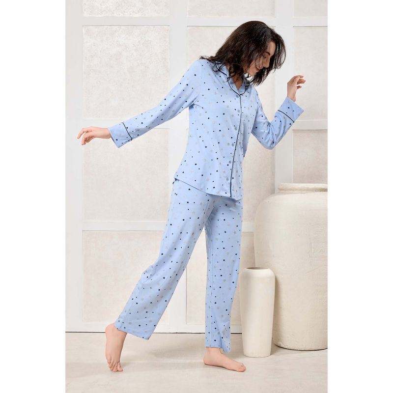 PIU Blue Printed Relaxed Shirt and Pyjama (M)
