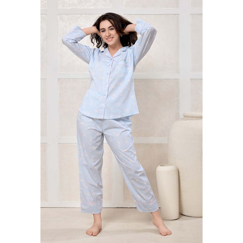 PIU Blue Printed Relaxed Shirt and Pyjama (S)