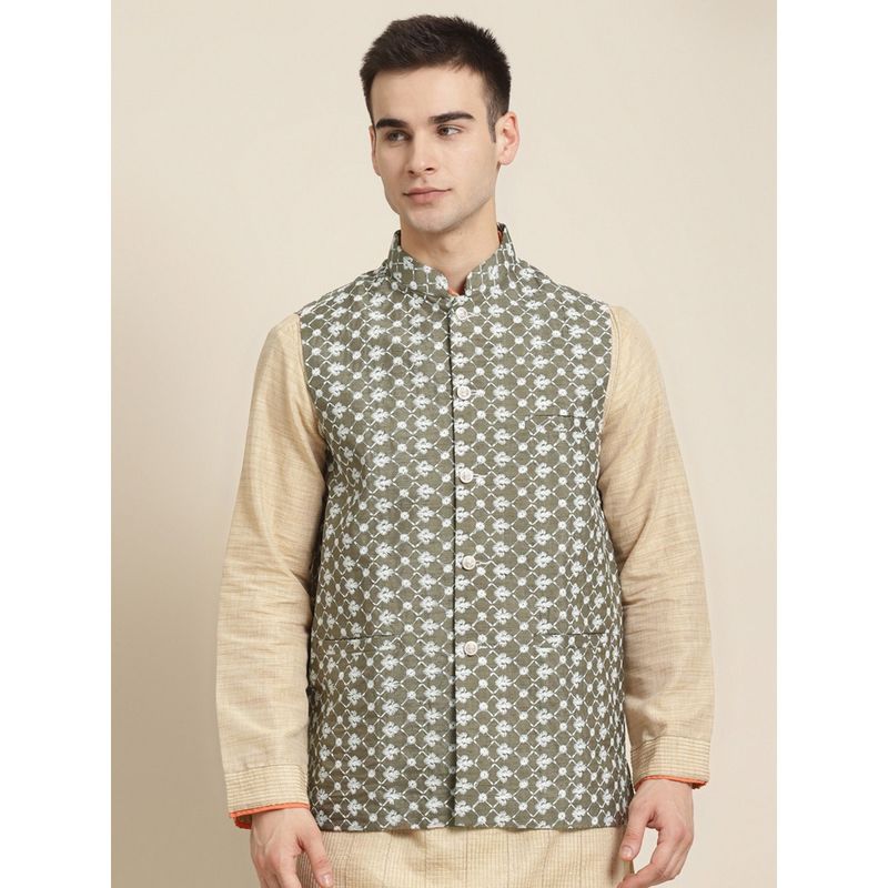 SOJANYA Silk Blend Olive Embroidered Only Nehru Jacket (S)