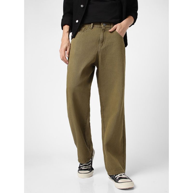 Urbano Fashion Men's Dark Olive Loose Baggy Fit Washed Jeans Non-Stretchable (30)