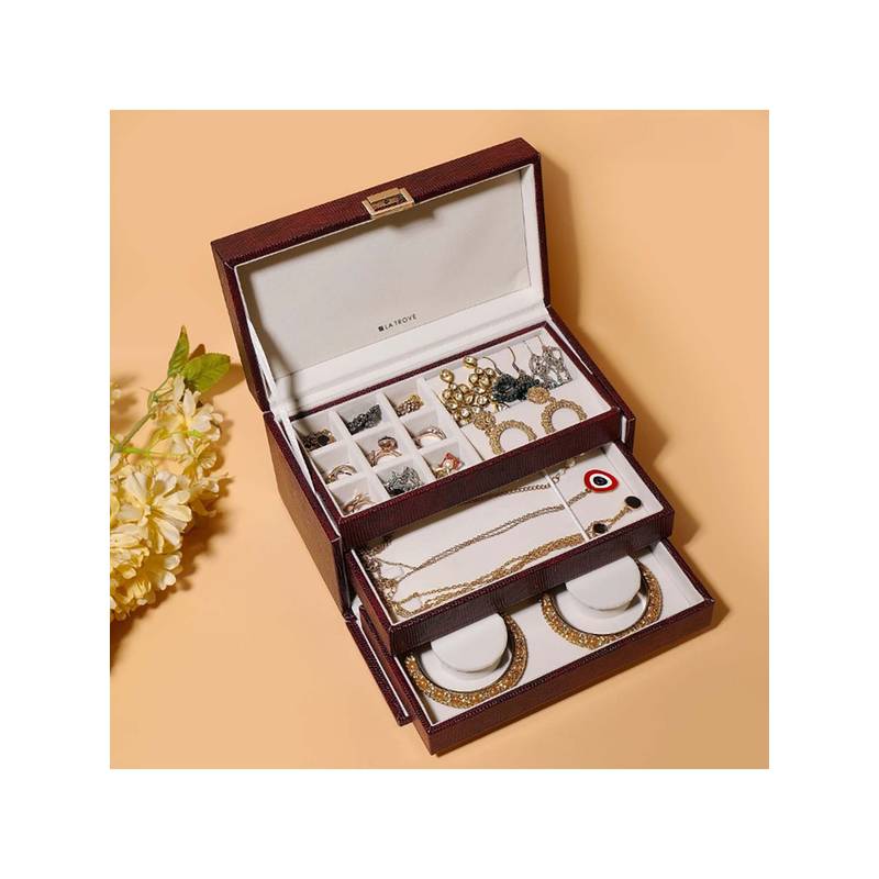 La Trove Maroon Leather Multi Purpose Jewellery Storage Organizer Box For Wardrobe