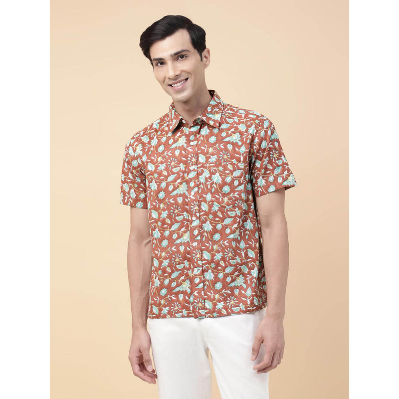 Fabindia Rust Cotton Floral Print Regular Shirt (S)