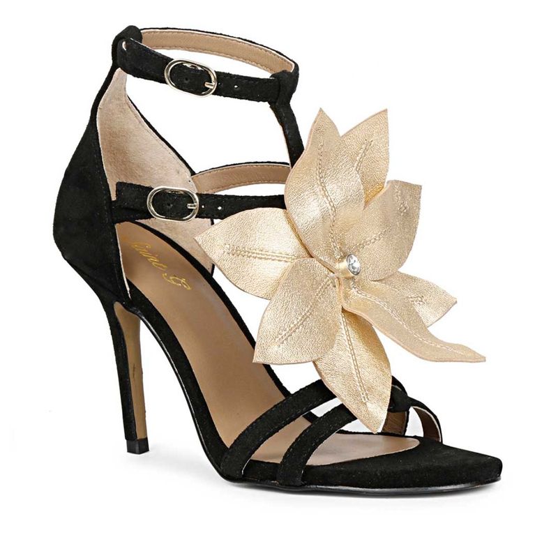 Saint G Gold Flower Embellished Black Leather Stilettos (UK 3)