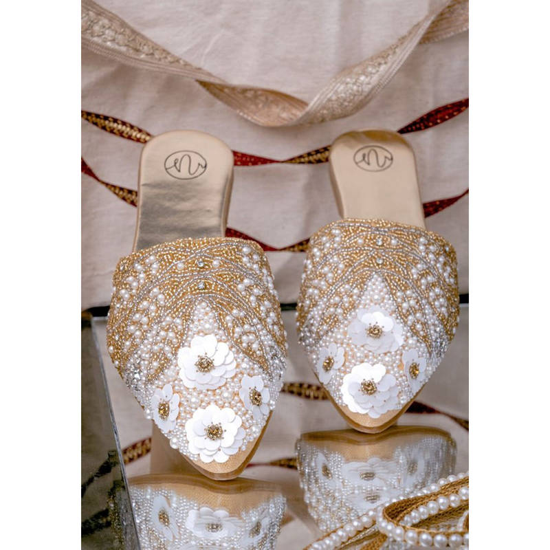 NR BY NIDHI RATHI Women Ethnic Embellished Pointed Toe Fabric Gold Mules (EURO 36)