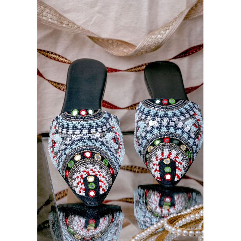 NR BY NIDHI RATHI Women Ethnic Embellished Pointed Toe Fabric Multi-Color Mules (EURO 37)