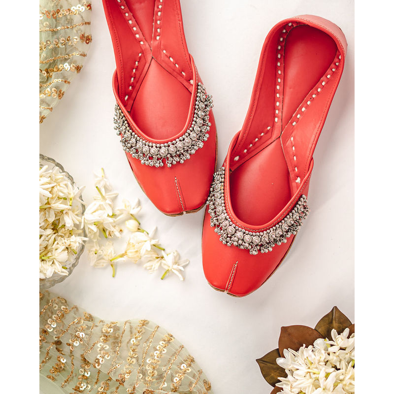 NR BY NIDHI RATHI Square Toe Ethnic Embellished Red Juttis (EURO 40)