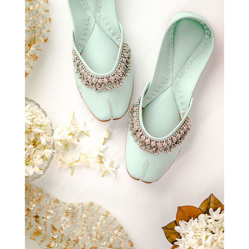 NR BY NIDHI RATHI Embellished Square Toe Ethnic Turquoise Juttis (EURO 36)