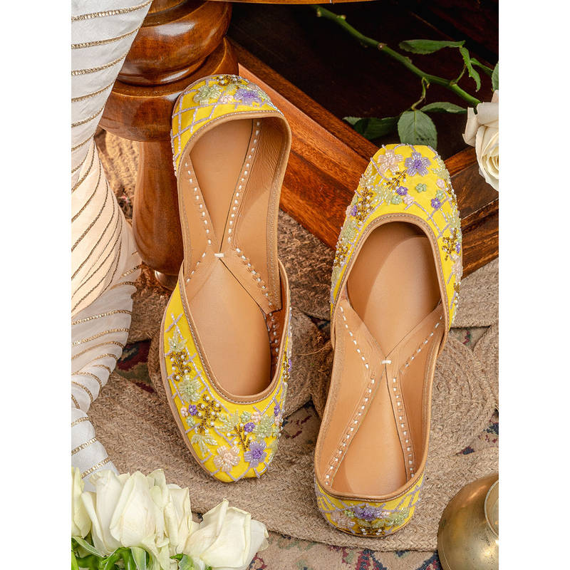 NR BY NIDHI RATHI Women Yellow Beaded Embellished Leather Ethnic Juttis (EURO 36)
