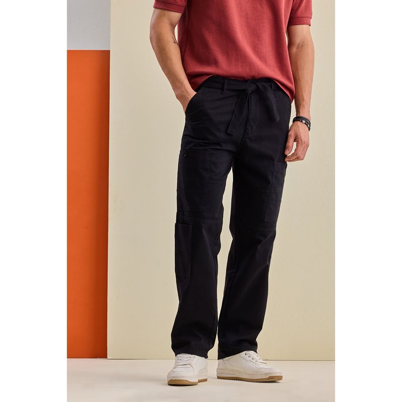 Snitch Black Solid Relaxed Casual Cargo Pant with Belt for Men (34)