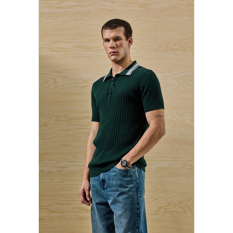 Snitch Green Ribbed Half Sleeves Slim Casual Polo T-Shirt for Men (2XL)