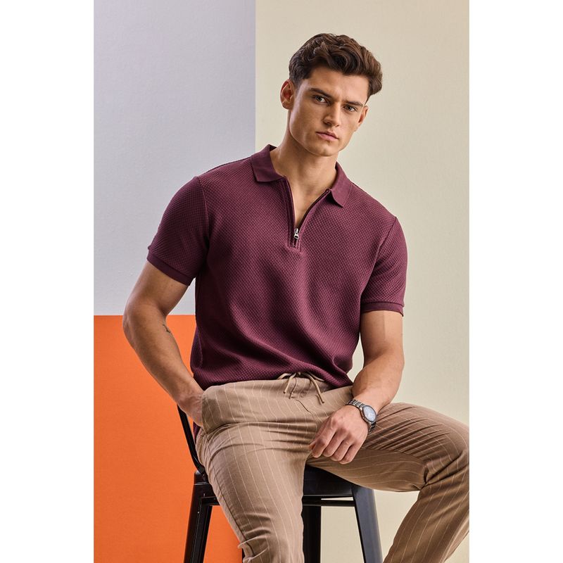 Snitch Burgundy Half Sleeves Regular Casual Polo T-Shirt for Men (L)