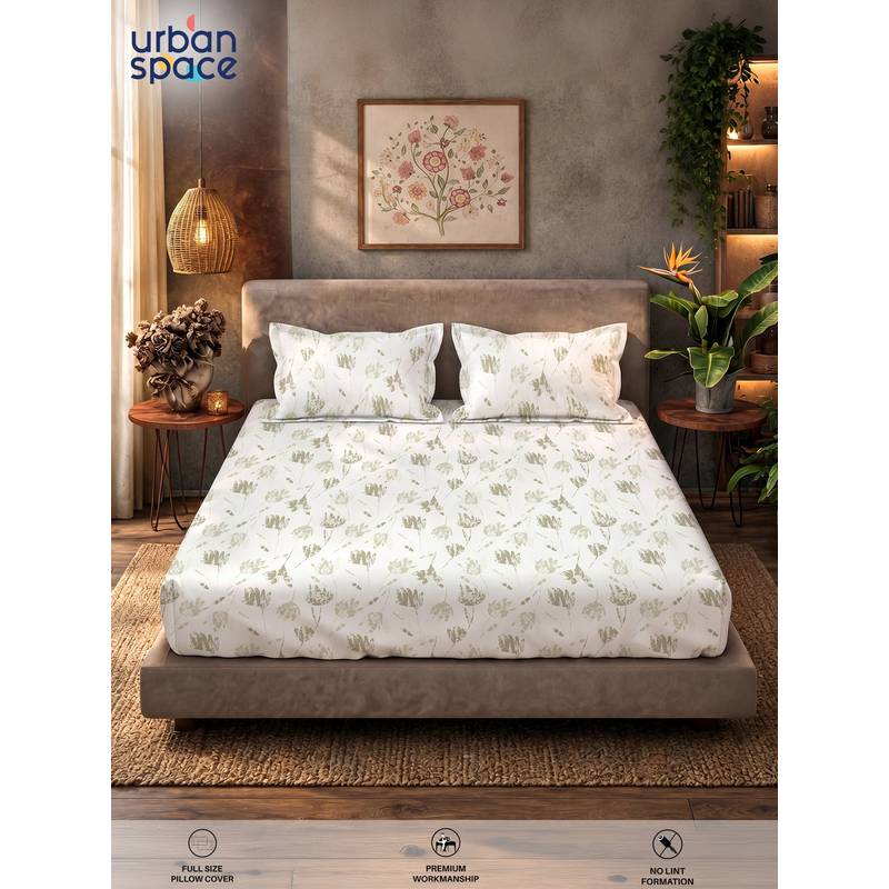Urban Space Frost Tulips Grey 200 Tc Cotton Bedsheet with 2 Pillow Covers (Double)